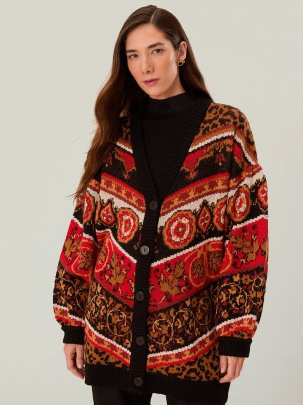 Farm Rio Cream Ainika Tiles Knit Cardigan Long Sleeves Size XL Red Black